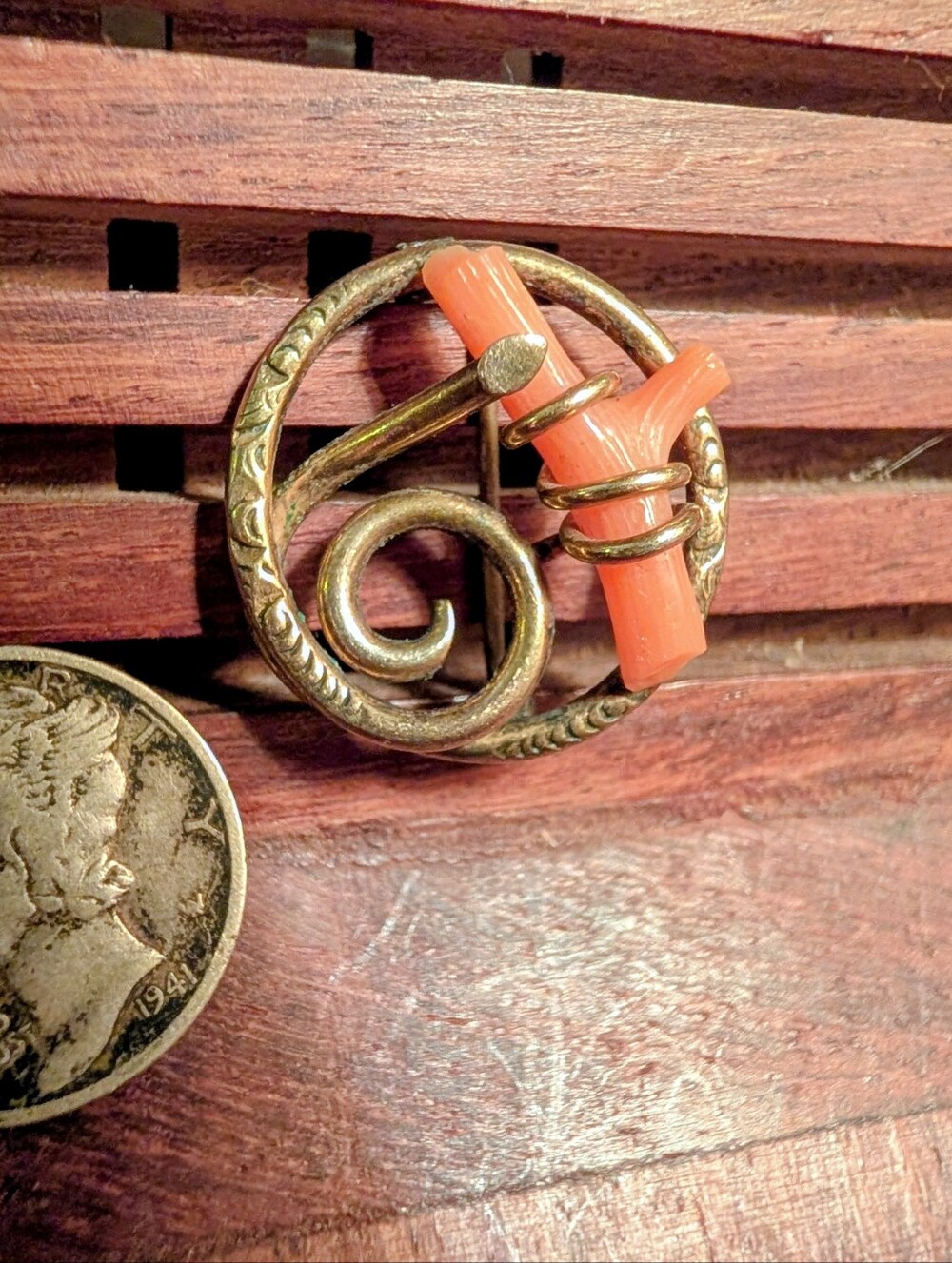 Antique Coral Branch Gold Filled Swirl Brooch